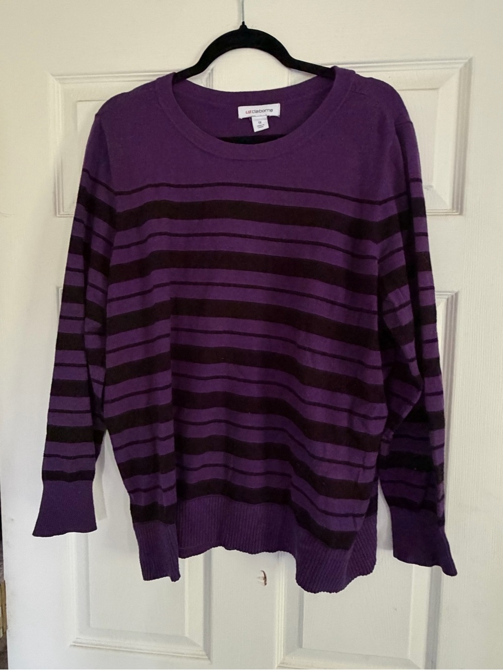 Liz Claiborne Purple and Black Striped Crewneck Sweater